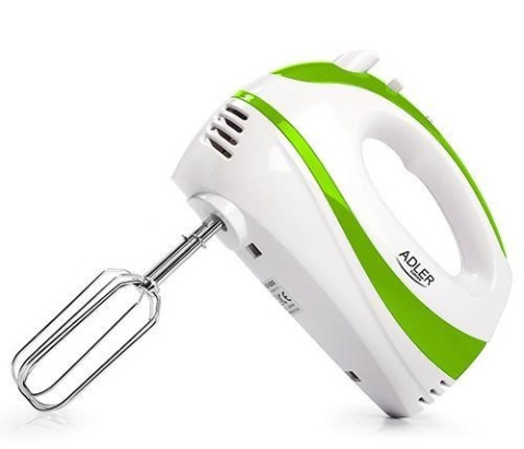 Hand Mixer Adler AD 4205 g Biały, green, Hand Mixer, 300 W, Number of speeds 5, Shaft material Stainless steel,