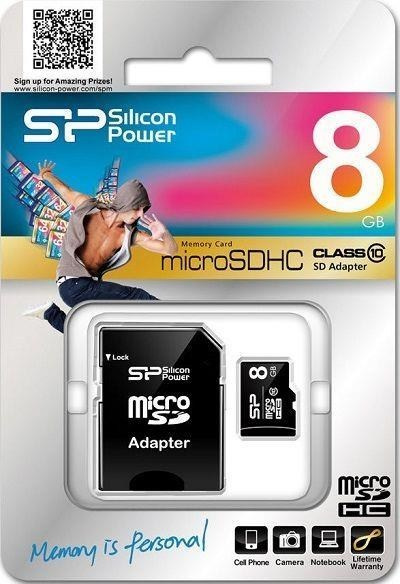 Silicon Power 8 GB, MicroSDHC, Flash memory class 10, SD adapter