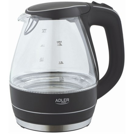 Adler AD 1224 Standard czajnik, Glass, Glass/Black, 2000 W, 1.5 L, 360° rotational base