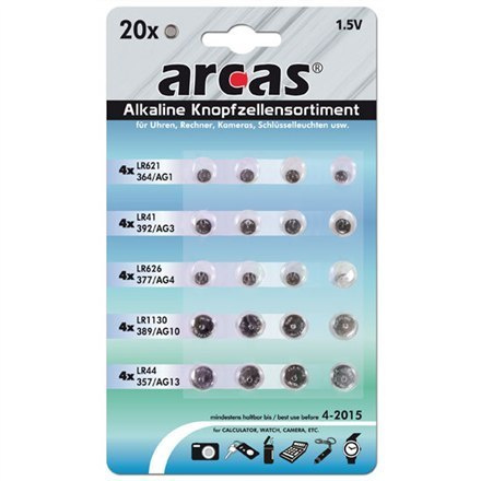 Arcas AG Zestaw 4xAG1, 4xAG3, 4xAG4, 4xAG10, 4xAG13, Alkaline Buttoncell, 20 pc(s)