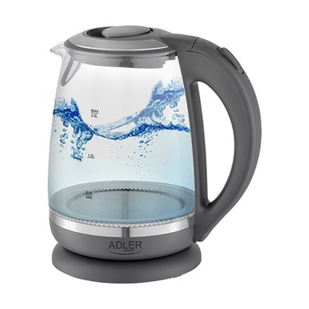 Adler Kettle AD 1286 Standard, 2200 W, 2 L, Plastic/ glass, Grey/ transparent, 360° rotational base