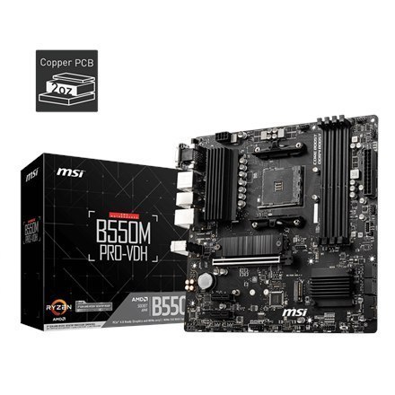 MSI B550M PRO-VDH	 Processor family AMD, Processor socket AM4, DDR4, Memory slots 4, Number of SATA connectors 4, Chipset AMD B,