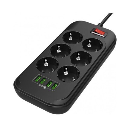 ColorWay Power Socket CW-CHE64B Black, 4xUSB, 2 m, 250 V, 6 euro sockets, 17 W