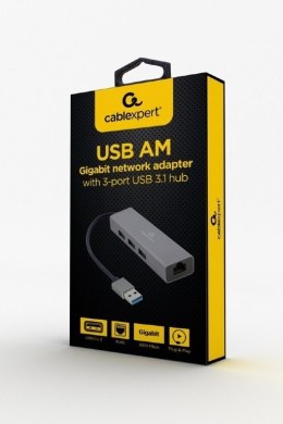 Cablexpert USB AM Gigabit network adapter with 3-port USB 3.0 hub A-AMU3-LAN-01 Black