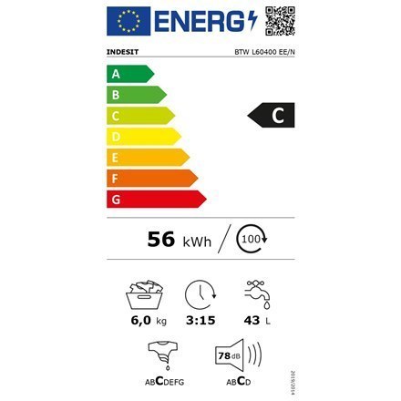 INDESIT Washing machine BTW L60400 EE/N Energy efficiency class C, Top loading, Washing capacity 6 kg, 951 RPM, Depth 60 cm, Wid