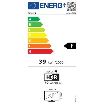 Philips USB-C Hub Monitor 	40B1U5600/00 40 ", IPS, WQHD, 3440 x 1440, 21:9, 4 ms, 500 cd/m², Black, 120 Hz, HDMI ports quantity