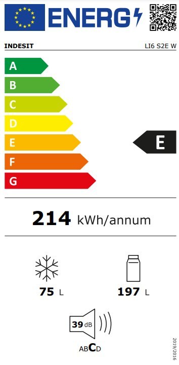 INDESIT | Chłodziarka | LI6 S2E W | Klasa efektywności energetycznej E | Wolnostojąca | Kombi | Wysokość 158,8 cm | Pojemność ch