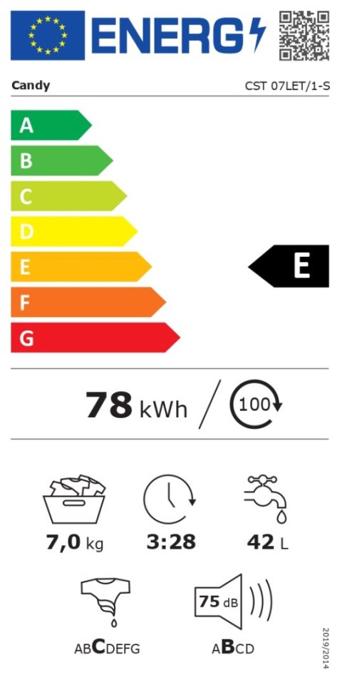 Pralka | CST 07LET/1-S | Klasa efektywności energetycznej E | Ładowanie od góry | Pojemność prania 7 kg | 1000 obr/min | Głęboko