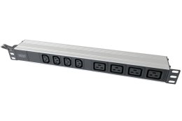 Aluminiowa jednostka PDU 1U, do montażu w szafie, 4x C13, 4x C19, 2x wtyczka 16A, 250VAC 50/60Hz otwarty koniec | DN-95423